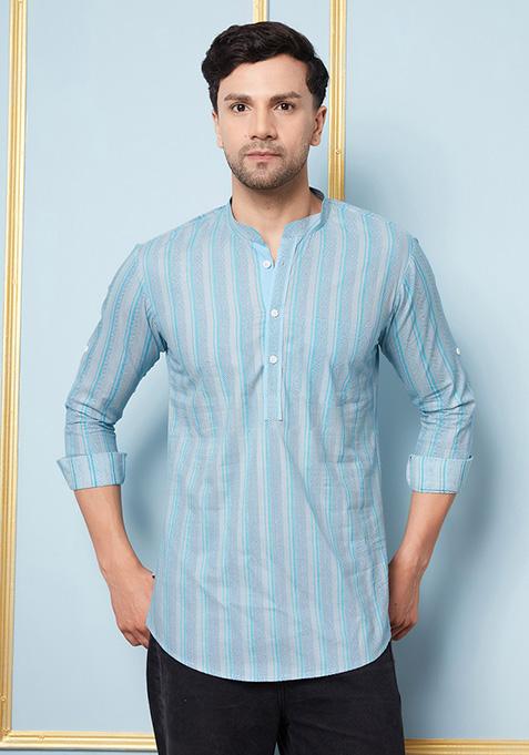 Blue Printed Short Kurta For Men