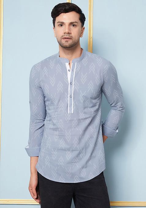 Grey Printed Cotton Kurta For Men