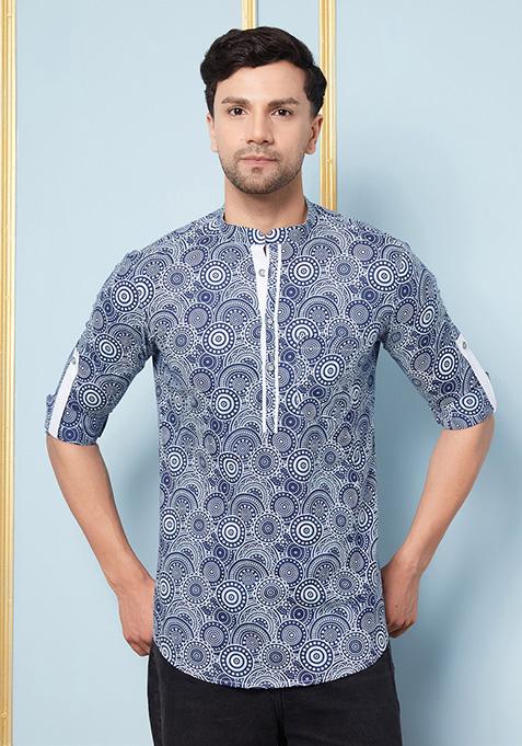 Blue Printed Kurta For Men