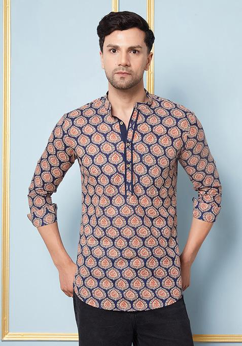 Blue Cotton Kurta For Men