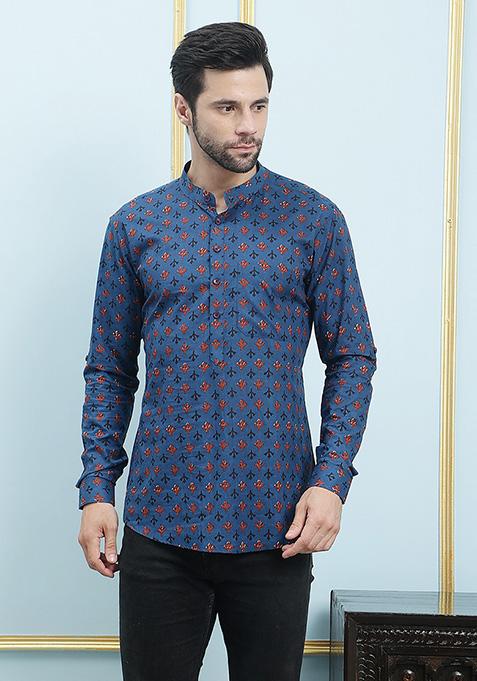 Blue Printed Cotton Kurta For Men