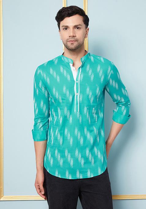 Turquoise Blue Cotton Short Kurta For Men