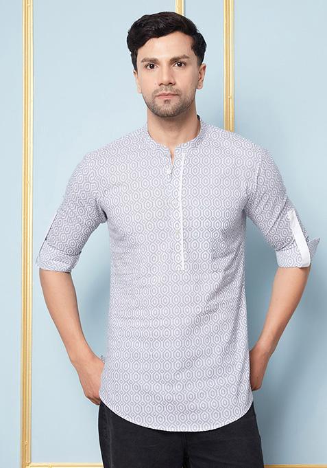 Grey Printed Short Kurta For Men