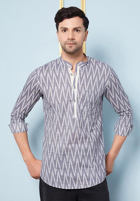 Grey Printed Cotton Short Kurta For Men