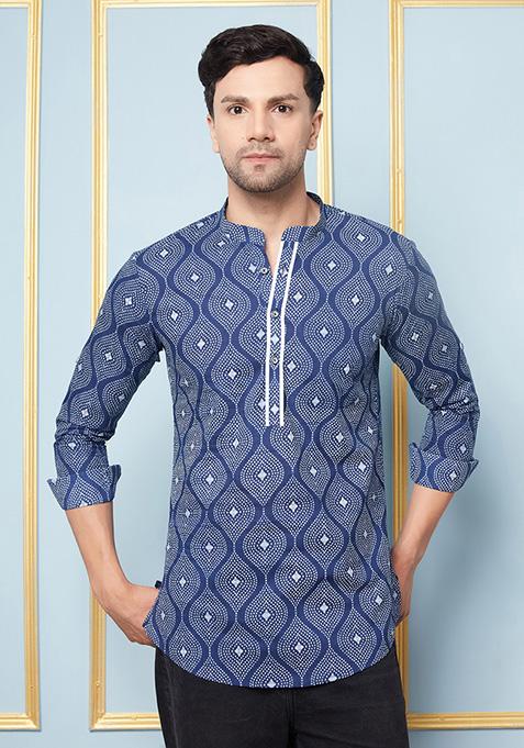 Blue Printed Cotton Short Kurta For Men