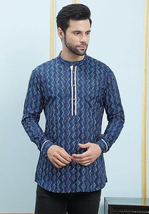 Blue Printed Cotton Short Kurta For Men