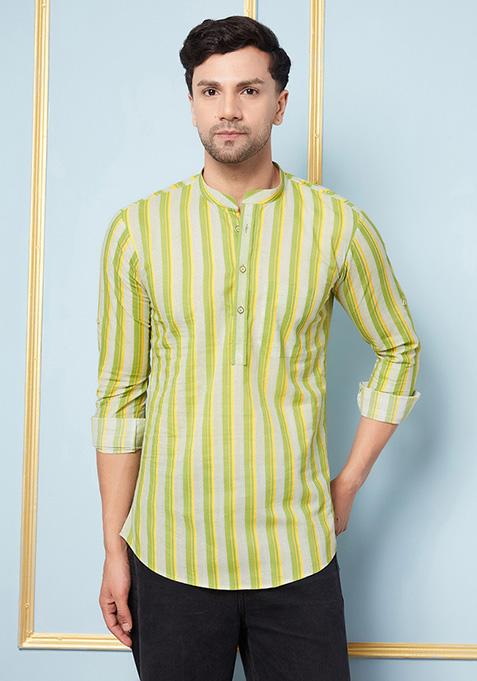 Green Printed Cotton Kurta For Men