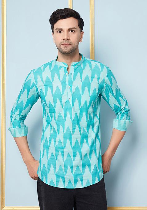 Turquoise Blue Printed Cotton Short Kurta For Men