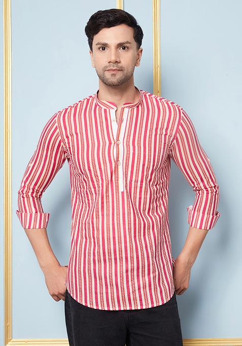 Pink Printed Cotton Short Kurta For Men