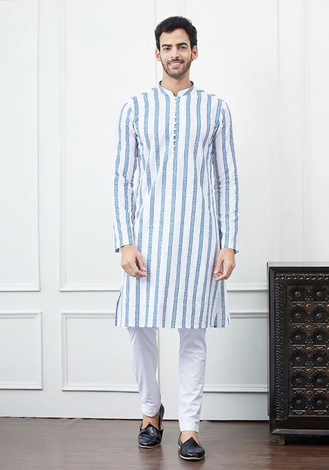 White Embroidered Cotton Kurta Set For Men