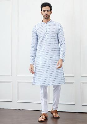 White Embroidered Cotton Straight Kurta Set For Men