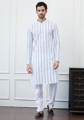 White Embroidered Chanderi Silk Straight Kurta Set For Men