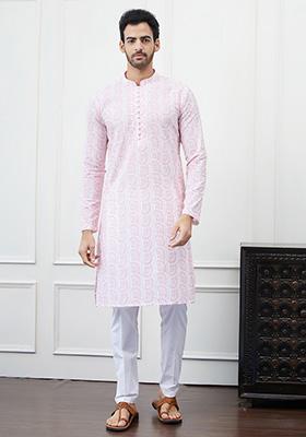 White Cotton Embroidered Kurta Set For Men