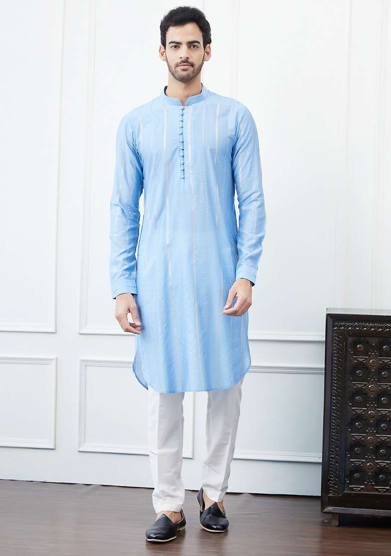 Turquoise Blue Sequin Embroidered Chanderi Silk Blend Kurta Set For Men - Indya