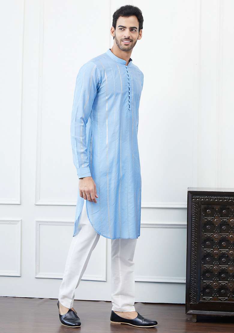 Turquoise Blue Sequin Embroidered Chanderi Silk Blend Kurta Set For Men - Indya