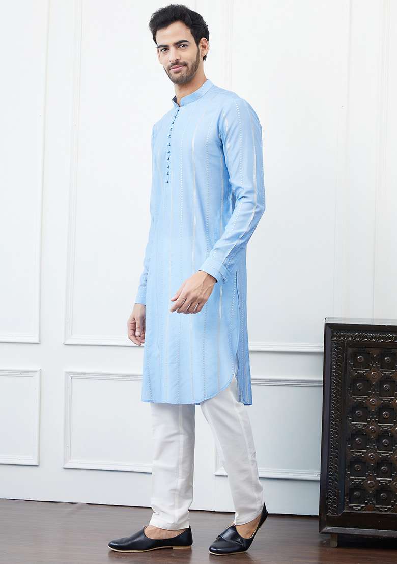 Turquoise Blue Sequin Embroidered Chanderi Silk Blend Kurta Set For Men - Indya