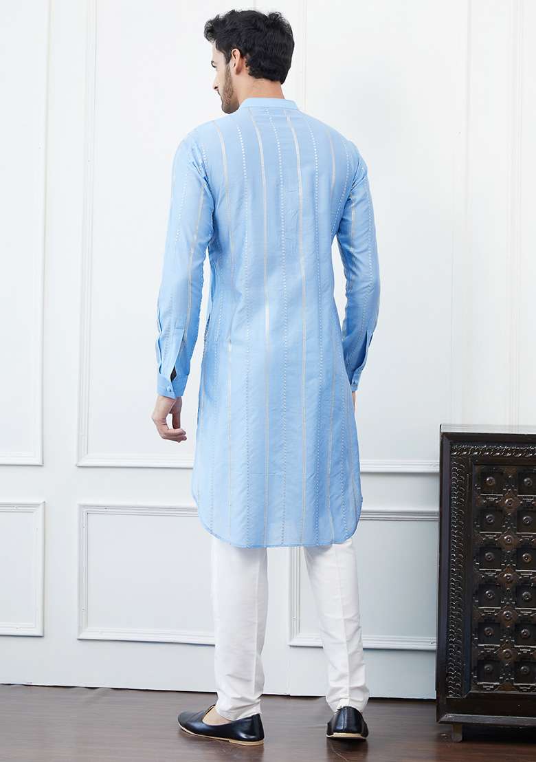 Turquoise Blue Sequin Embroidered Chanderi Silk Blend Kurta Set For Men - Indya