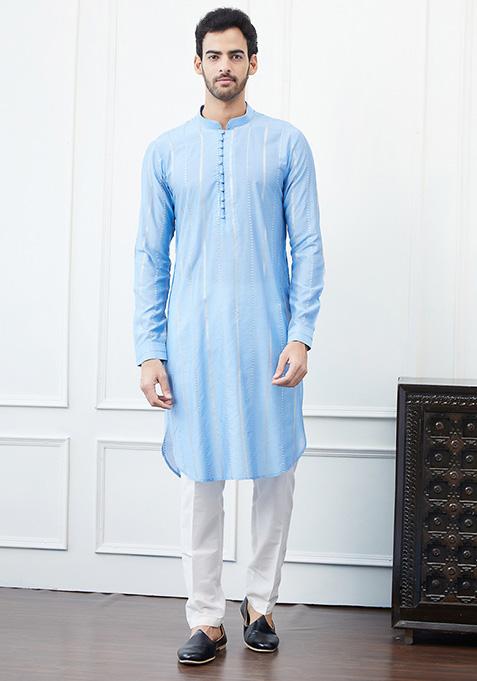 Turquoise Blue Sequin Embroidered Chanderi Silk Kurta Set For Men — view on Indya