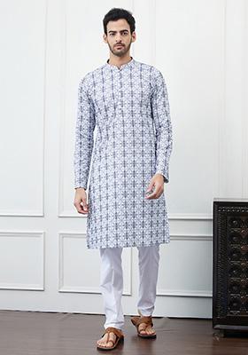 Blue Embroidered Cotton Straight Kurta Set For Men