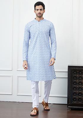 White Embroidered Cotton Straight Kurta Set For Men