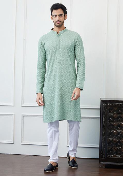 Green Floral Embroidered Viscose Kurta For Men