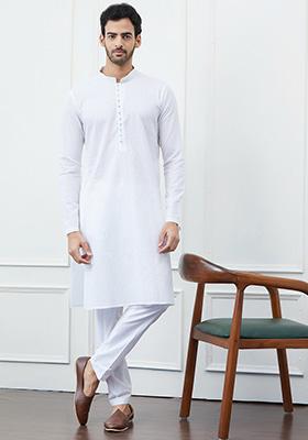 White Thread Embroidered Chanderi Silk Kurta Set For Men