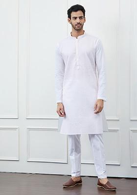 White Thread Sequin Embroidered Cotton Kurta Set For Men