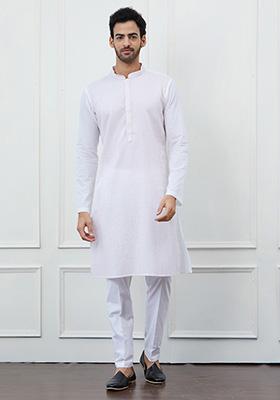 White Thread Sequin Embroidered Pure Cotton Kurta Set For Men