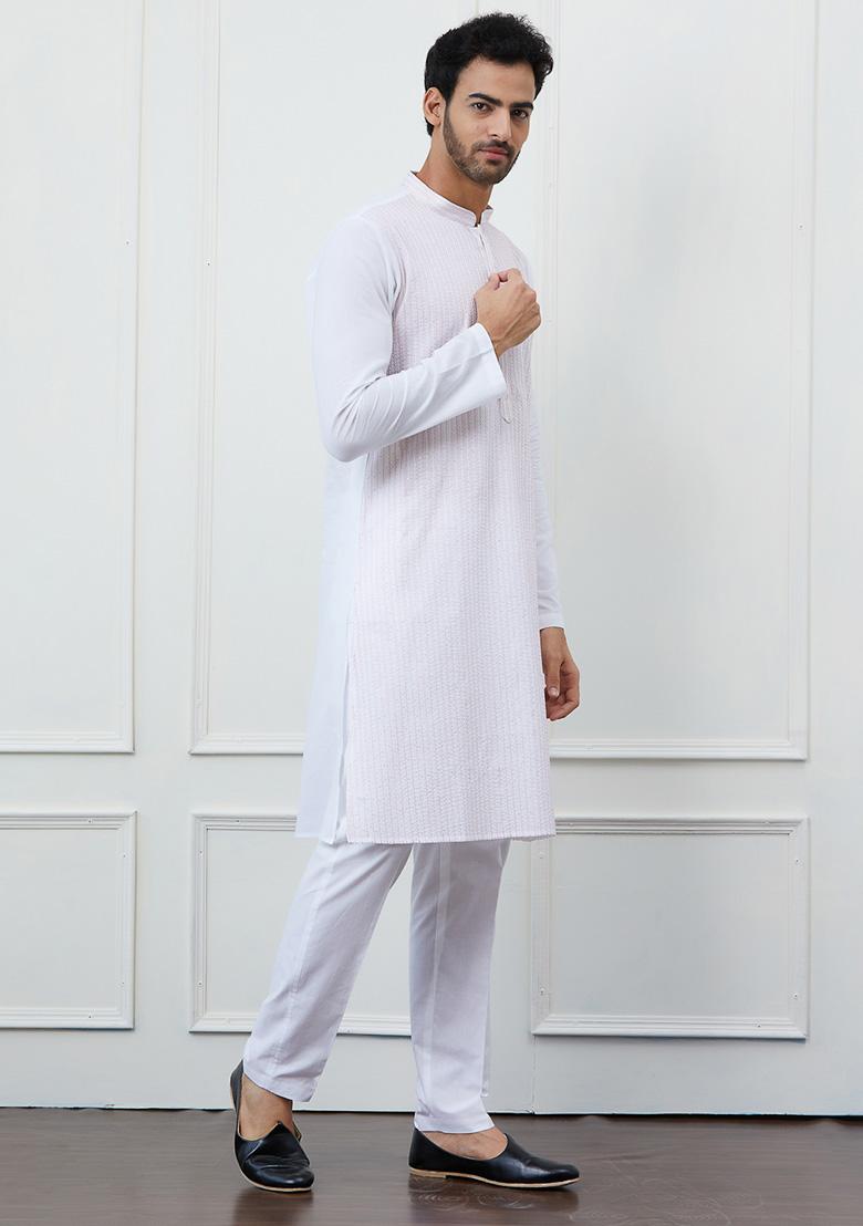 White Thread Sequin Embroidered Pure Cotton Kurta Set For Men
