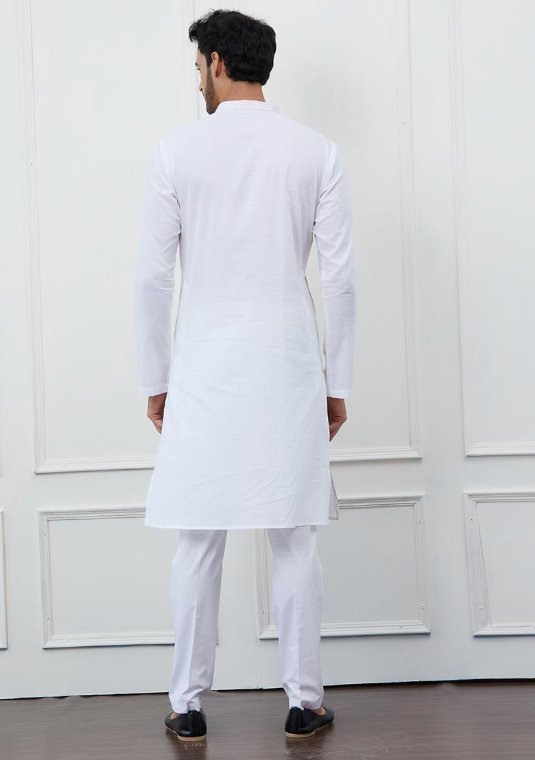 White Thread Sequin Embroidered Pure Cotton Kurta Set For Men