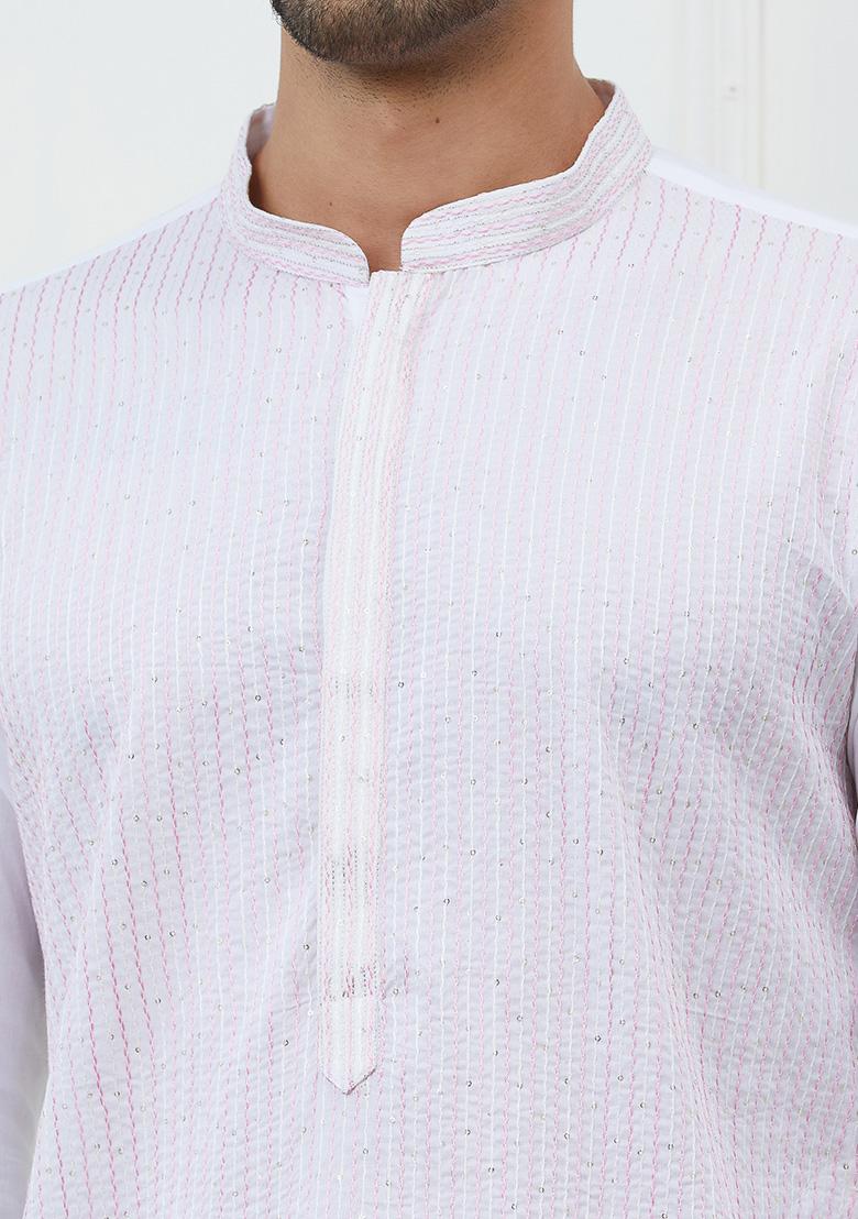 White Thread Sequin Embroidered Pure Cotton Kurta Set For Men