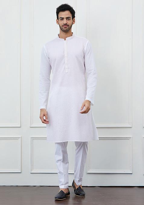 White Thread Sequin Embroidered Pure Cotton Kurta Set For Men