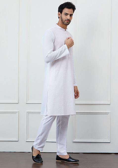 White Thread Sequin Embroidered Pure Cotton Kurta Set For Men