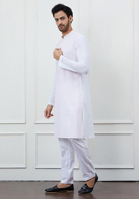 White Thread Sequin Embroidered Pure Cotton Kurta Set For Men