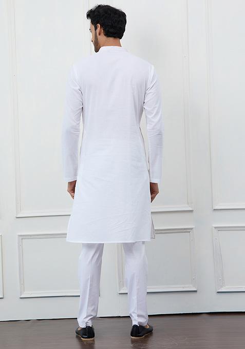 White Thread Sequin Embroidered Pure Cotton Kurta Set For Men
