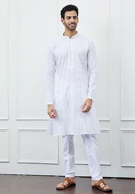 White Sequin Embroidered Pure Cotton Kurta Set For Men