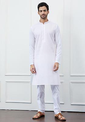 White Sequin Thread Embroidered Kurta Set For Men