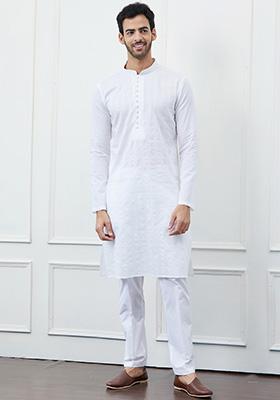 White Sequin Thread Embroidered Kurta Set For Men