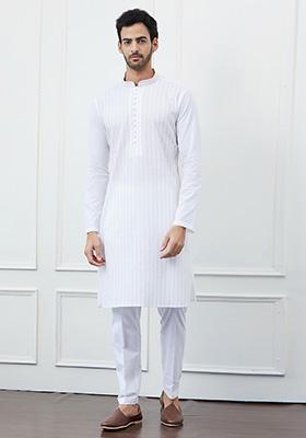 White Thread Sequin Embroidered Kurta Set For Men