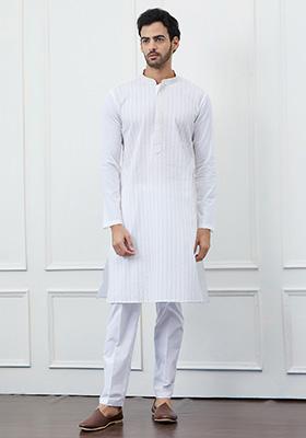 White Sequin Thread Embroidered Cotton Kurta Set For Men