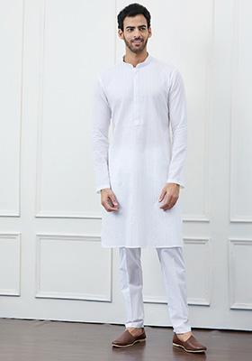 White Thread Embroidered Pure Cotton Kurta Set For Men