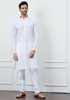 White Sequin Thread Work Pure Cotton Kurta Set For Men