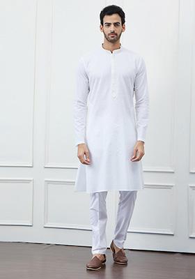 White Sequin Work Pure Cotton Kurta Set For Men