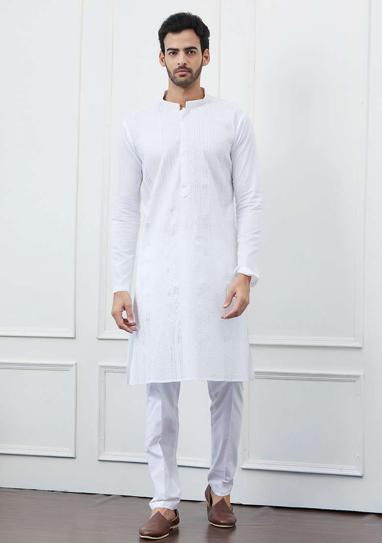 White Sequin Thread Work Cotton Kurta Set For Men - Indya