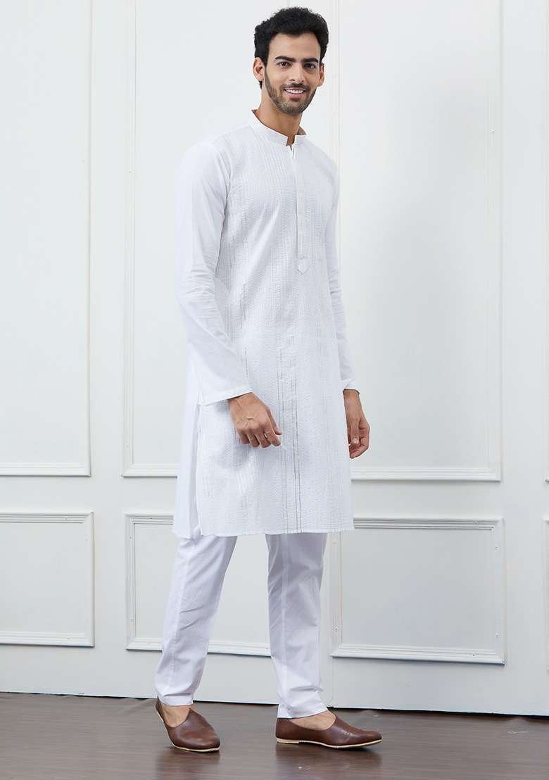 White Sequin Thread Work Cotton Kurta Set For Men - Indya