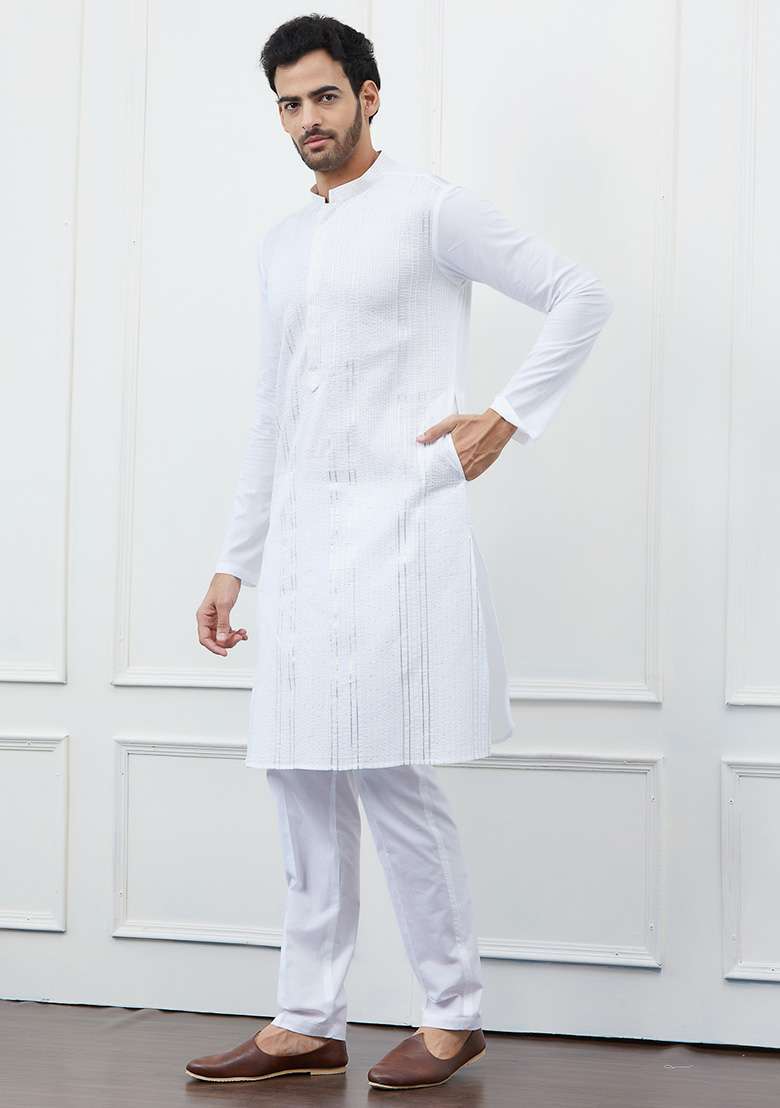 White Sequin Thread Work Cotton Kurta Set For Men - Indya
