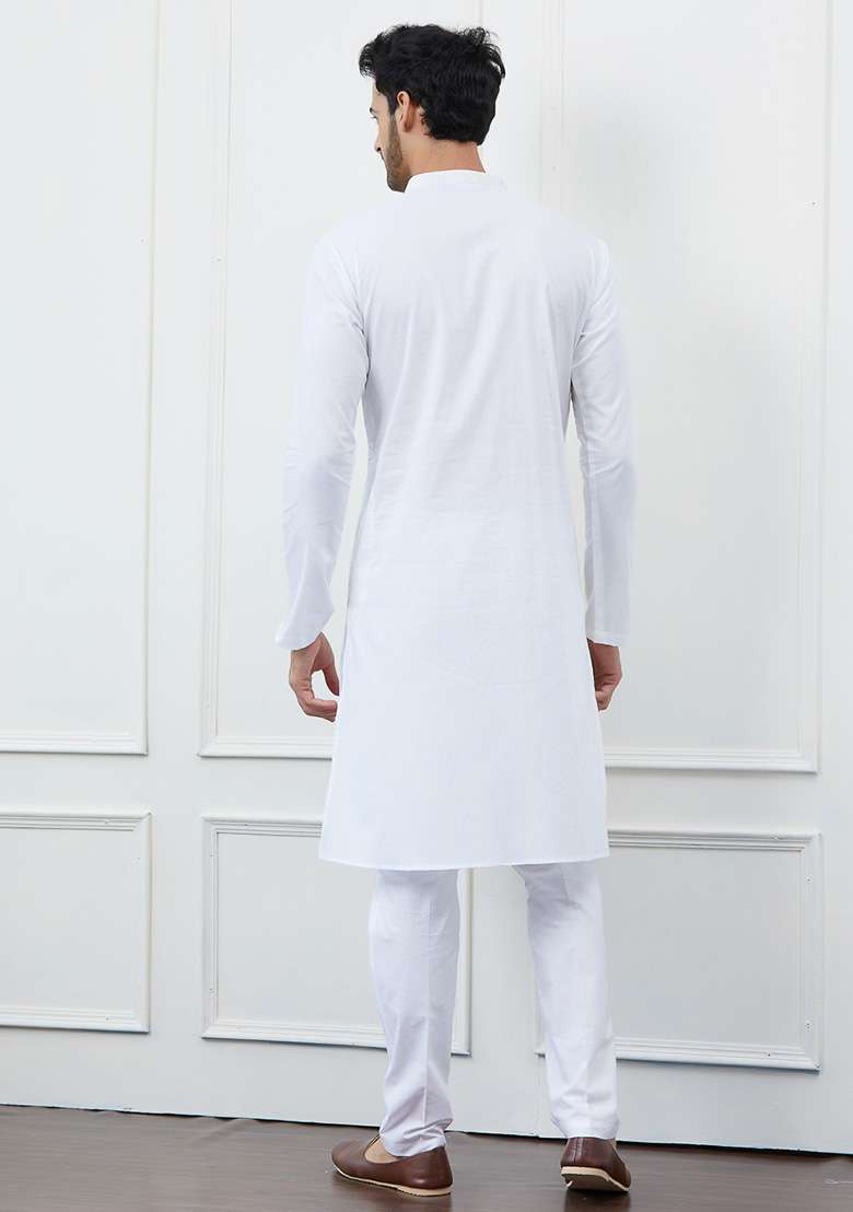 White Sequin Thread Work Cotton Kurta Set For Men - Indya