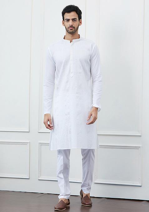 White Sequin Thread Work Cotton Kurta Set For Men