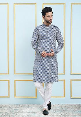 Blue Printed Rayon Staright Kurta Set For Men