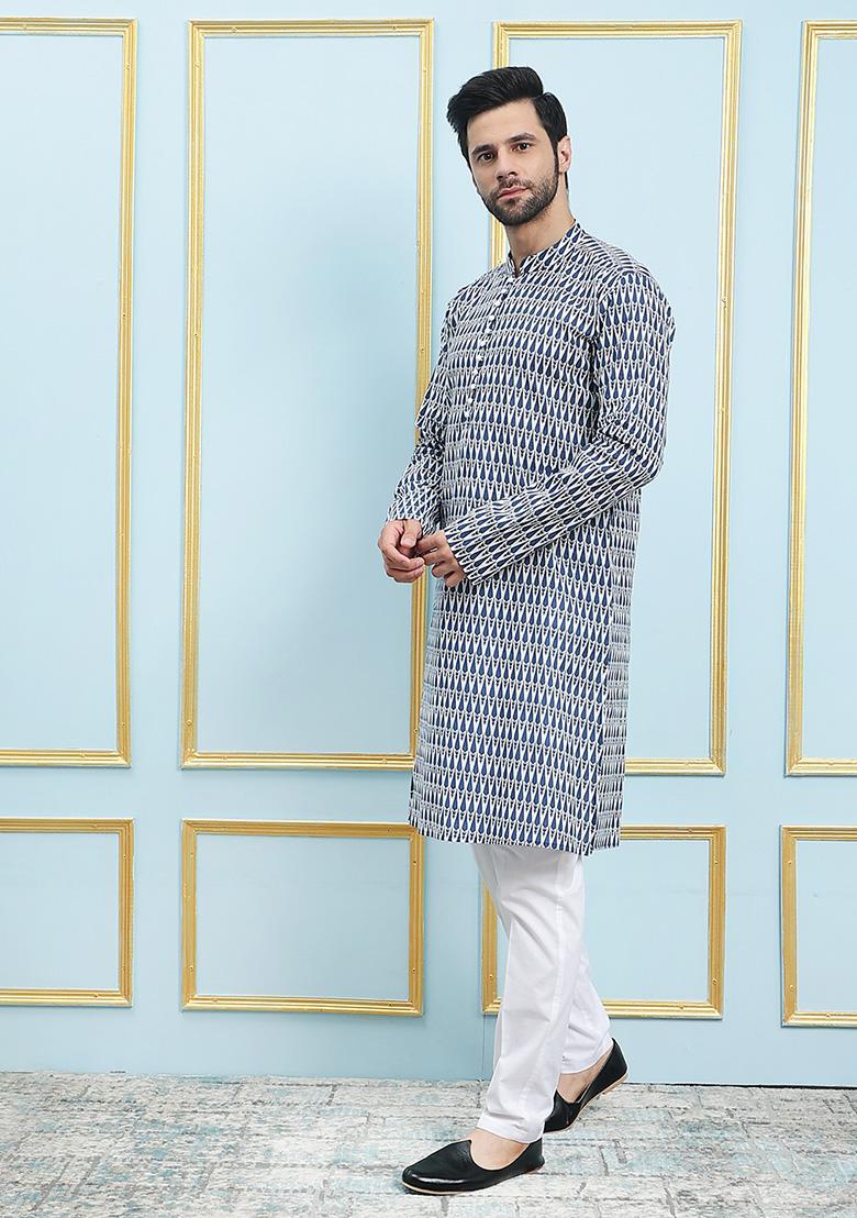 Blue Printed Rayon Staright Kurta Set For Men - Indya